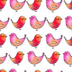 Seamless pattern with pink and red watercolor hand-drawn birds. Perfect for prints and kids decor
