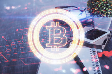 Double exposure of blockchain theme drawing and cell phone background. Concept of cryptomarket