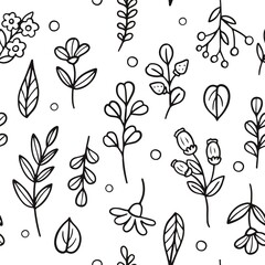 Hand drawn flowers and leaves pattern. Vector illustration