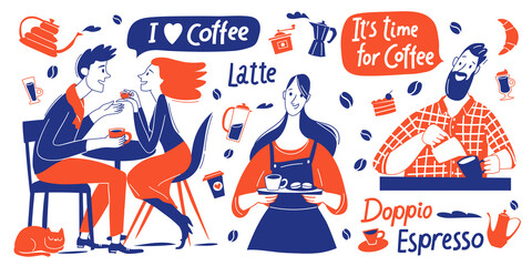 Coffee motivational vector design with barista and coffee elements and lettering