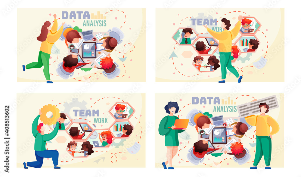 Aufkleber data analysis teamwork scenes set. a team of analysts holds a meeting, develops a marketing strategy