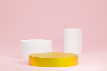 presentation shape with round circular pedestal gold podium for product display on pink color background, stand for product advertising promotion banner in minimal style with copy space, 3d rendering