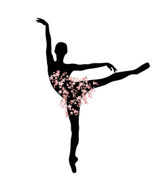 recommend clip art: graceful ballerina girl with tutu dress made of blooming sakura branches standing on pointe shoes - slim dancer figure vector silhouette