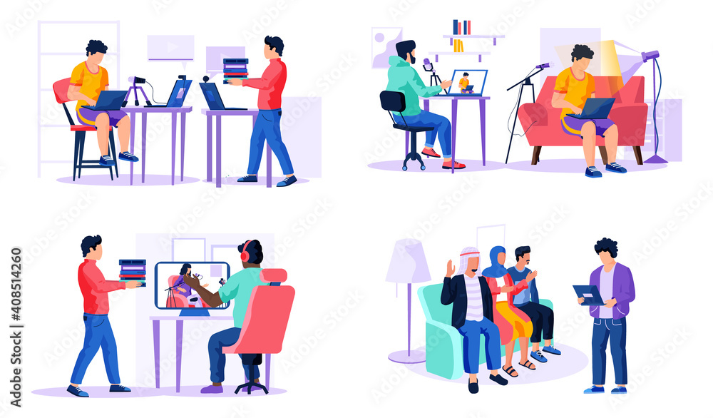 Poster set of illustrations on the topic of working in a recording studio. guys with laptops make music. me