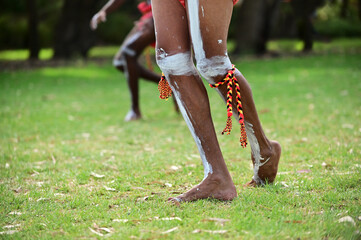 Aboriginal Australians men dancing during a local culture ceremony festival event