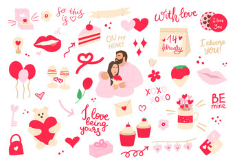 Valentines Day set with love elements. 14 february illustration