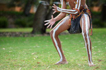 Aboriginal Australians man dancing during a local culture ceremony festival event