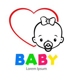 Baby Shower. It's a Girl. Logotipo con texto BABY con caricatura de cara de bebé con chupete, nudo de lazo y corazón en rojo y negro