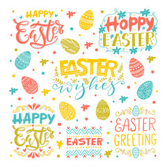 Hand written Easter phrases. Greeting card with Easter eggs