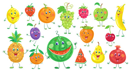 Fototapeta premium Set of funny colorful fruits. In cartoon style. Isolated on white background. Vector flat illustration.