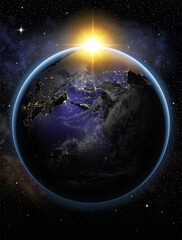 Earth in the night sky and the Milky Way. Highly realistic illustration.