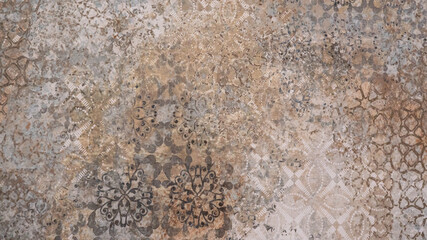 Old brown gray rusty vintage worn shabby patchwork damask motif tiles stone concrete cement wall texture background banner - obrazy, fototapety, plakaty