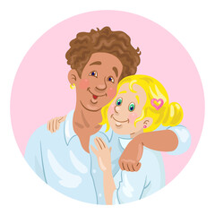 Avatar icon of a young happy couple of man and woman. In cartoon style. In the pink circle. Isolated on white background. Vector flat illustration