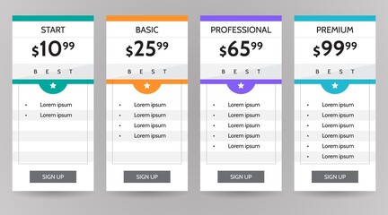 Web pricing table design for business .vector infographics template illustration for website, application.