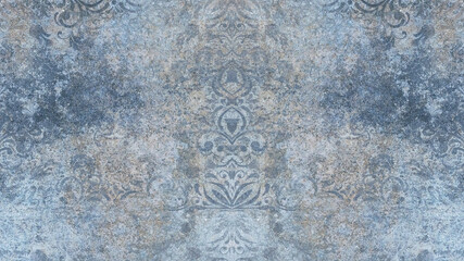 Old blue gray rusty vintage worn damask shabby patchwork motif tiles stone concrete cement wall...