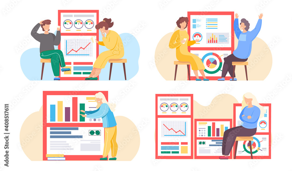 Poster set of illustrations on the topic of working with statistical indicators. business people analyze re