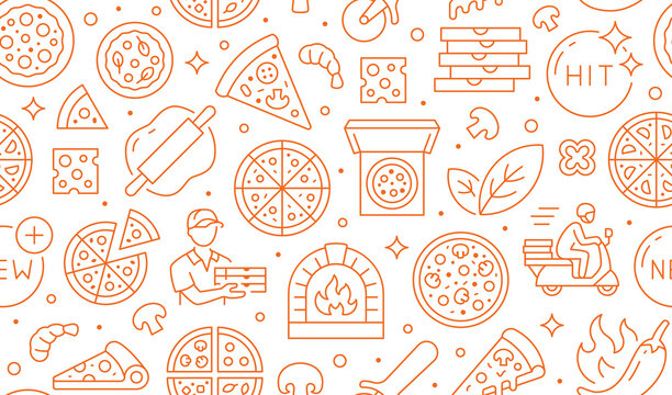 Pizza delivery orange seamless pattern. Vector background included line icons as courier, cheese, hit, motor scooter, knife bake, hot pepper, box outline pictogram for Italian food