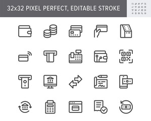 Finance operations simple line icons. Vector illustration with minimal icon - banking, credit card, contacless payment, swift, cash, atm, cashier pictogram. 32x32 Pixel Perfect Editable Stroke