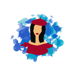 Contemporary portrait minimalism style girl with paint blue splash isolated on white background. French lady in a red  
beret hand drawn fashion art cartoon illustration. Highlight cover template.