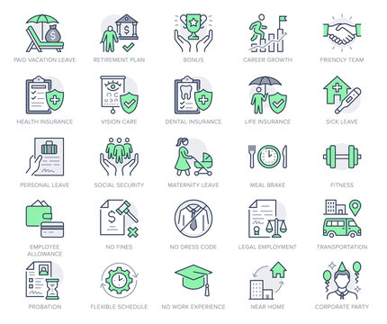 Employee benefits line icons. Vector illustration with icon - hr, perks, organization, maternity rest, sick leave outline pictogram for personal management. Green Color Editable Stroke