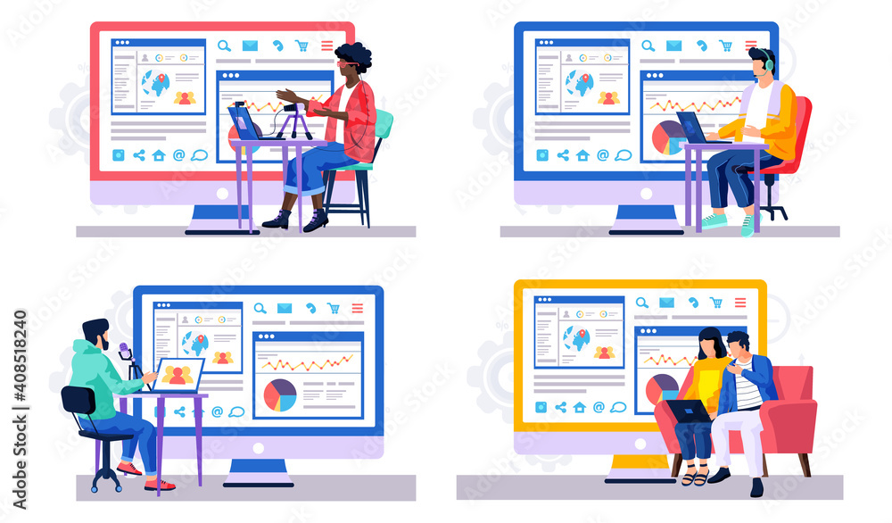 Poster a set of illustrations on the topic of work with statistical data. people in the studio are recordin