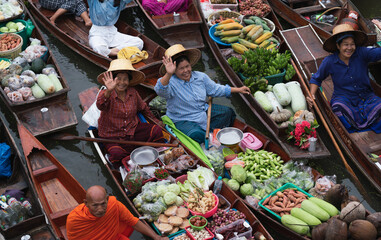 Local Market people in asia .Asian tourists local markets. Floating market It is famous in Thailand...