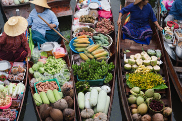 Local Market people in asia .Asian tourists local markets. Floating market It is famous in Thailand...