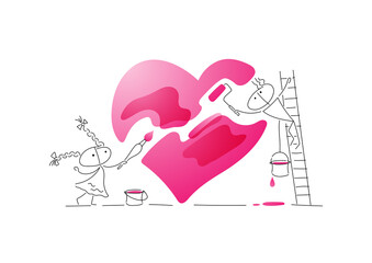 A guy and a girl paint a big pink heart with a brush and a roller on the stairs. Valentine's card. The characters are drawn in a linear style with black lines. Combined with colored elements.