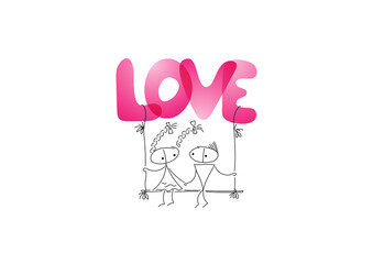The guy and the girl are happy swinging on a beautiful swing on Valentine's Day. Valentine's card. Characters are drawn in a linear style with black lines. Combined with colored elements.