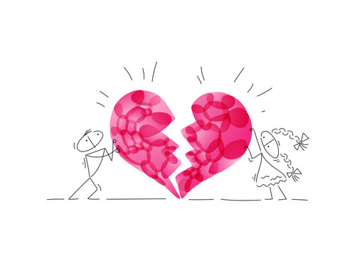 A girl and a guy on Valentine's Day connect a big pink heart. The symbol of love. The characters are designed in a linear style with a black line. Combines with bright elements.