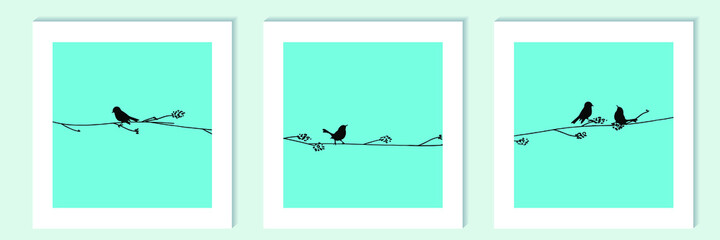 black vector isolated silhouettes of small birds on a colored background in the style of a wall panel.paintings, triptych.trendy style, minimalism