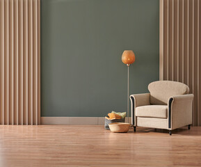 Decorative minimalist furniture design, middle table, green wall background, home decor interior...
