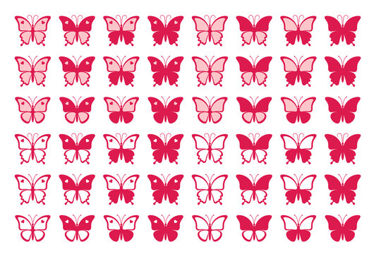 Large set of forty eight red nice butterflies with hearts isolated on a white background. Silhouette of a butterfly is perfect for stickers, icons, greeting cards and gift certificates