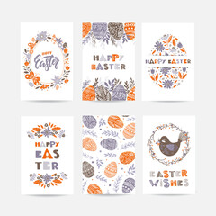 Easter greeting cards with Easter eggs, flowers, floral
