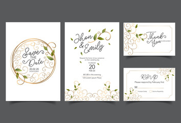 Wedding invitation cards, save the date, thank you, rsvp template. Vector. White and gold line.