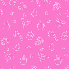 Winter doodle seamless pattern. White elements on pink. Cute hand drawn print. Candle, candy, cup, hat, stars, berries and Christmas tree. Good for wallpaper, textile, gift wrap. Endless design