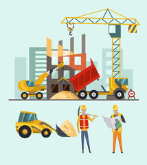 Builders on the construction site. Building work process with houses and construction machines. illustration with people.