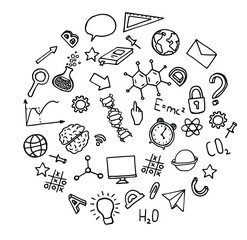 Vector set of school characters. Physics, chemistry, biology, geography, mathematics and other school subjects. Science elements are drawn with a line. Icons for children and students