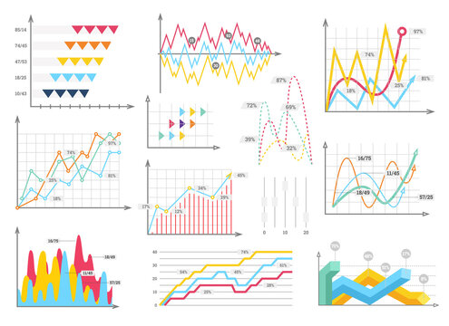 Infographic charts elements - bar and line charts, percents, pie charts, steps, options, timeline, people infographics, illustration.