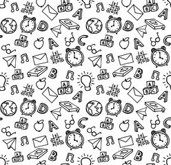 Vector seamless pattern with hand drawn school symbols. Alarm clock, cubes, book, fruits, letter drawn by line. Background for children and students