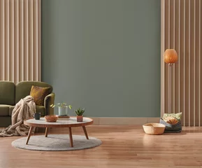 Foto op Plexiglas Green wall background, minimalist sofa, marble pattern wooden sofa, grey carpet, poster, lamp and frame. © UnitedPhotoStudio