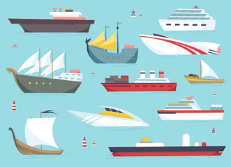 Ships at sea, shipping boats, ocean transport icons set