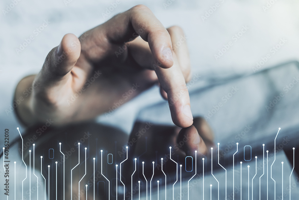 Aufkleber creative concept of microscheme illustration and finger clicks on a digital tablet on background. bi
