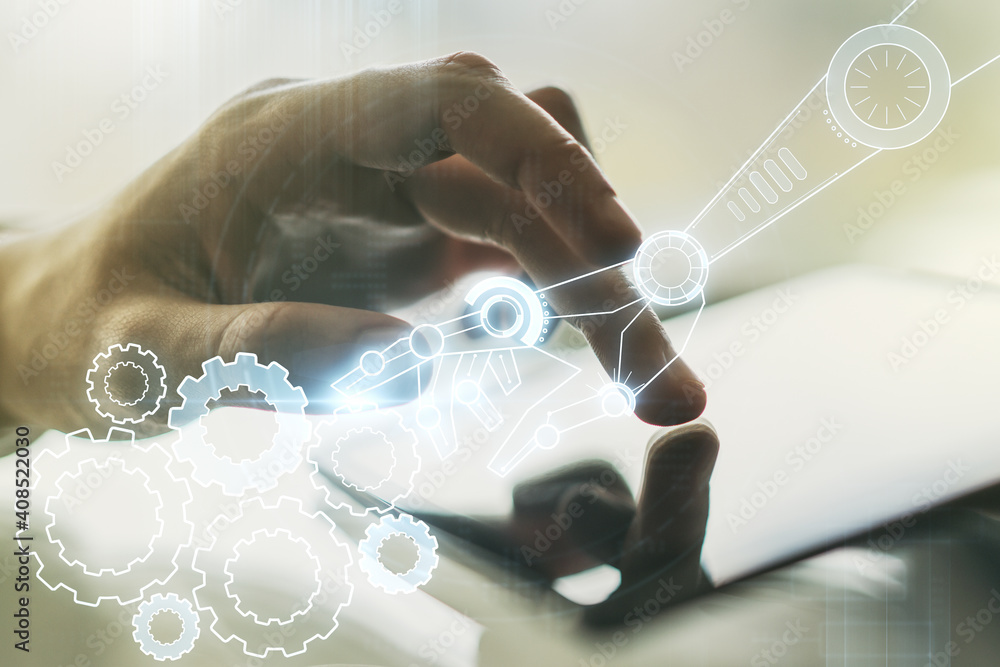 Aufkleber Double exposure of robotics technology hologram and finger clicks on a digital tablet on background. Research and development software concept
