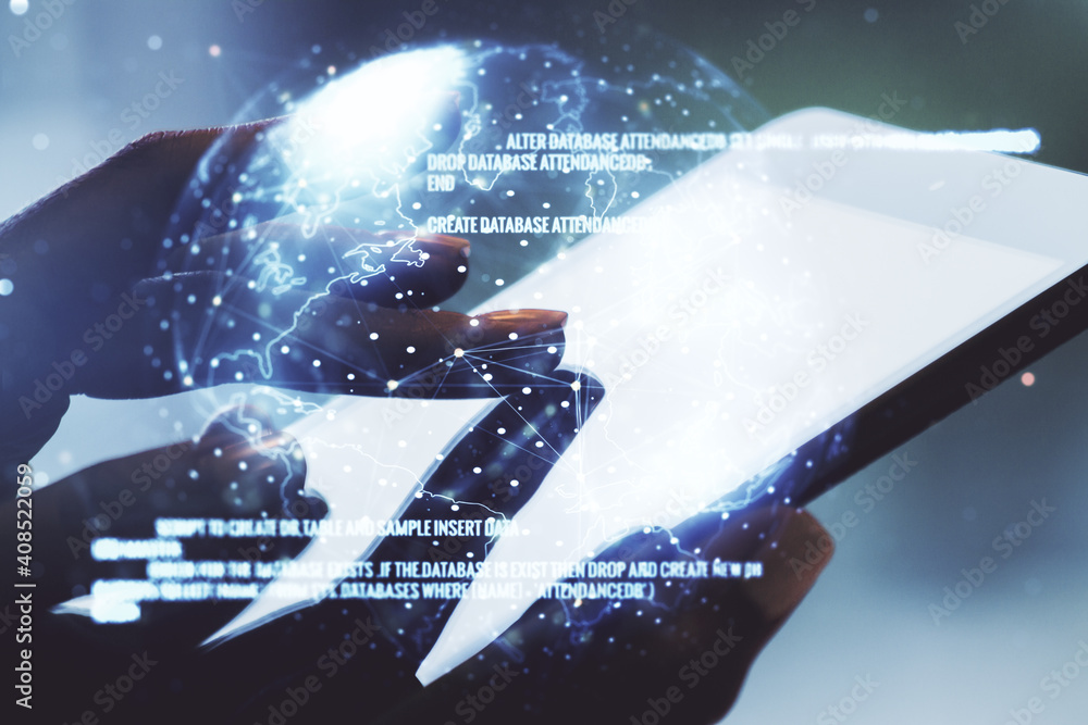 Poster multi exposure of abstract software development hologram with world map and finger presses on a digi