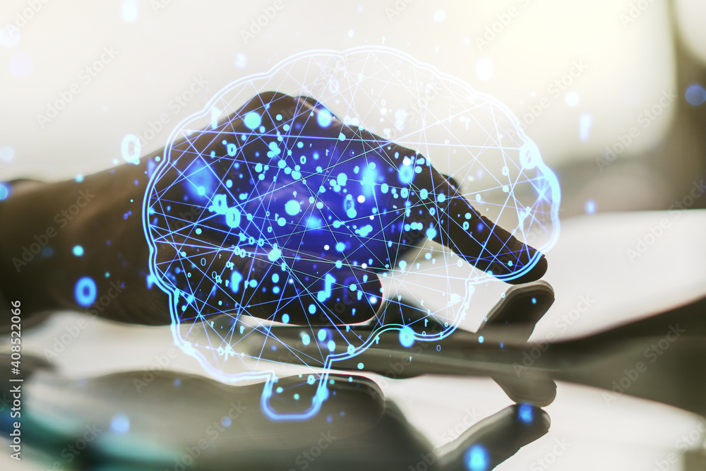 Poster double exposure of creative artificial intelligence symbol with finger clicks on a digital tablet on