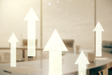 Abstract virtual upward arrows sketch on a modern boardroom background, target and goal concept....