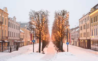 Beautiful winter morning in Kaunas city on Freedom Alley.