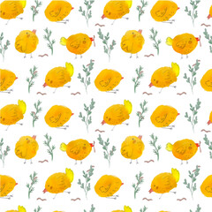 Seamless illustration with chickens green branches and worms.