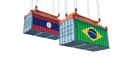 Freight containers with Brazil and Laos flag. 3D Rendering 
